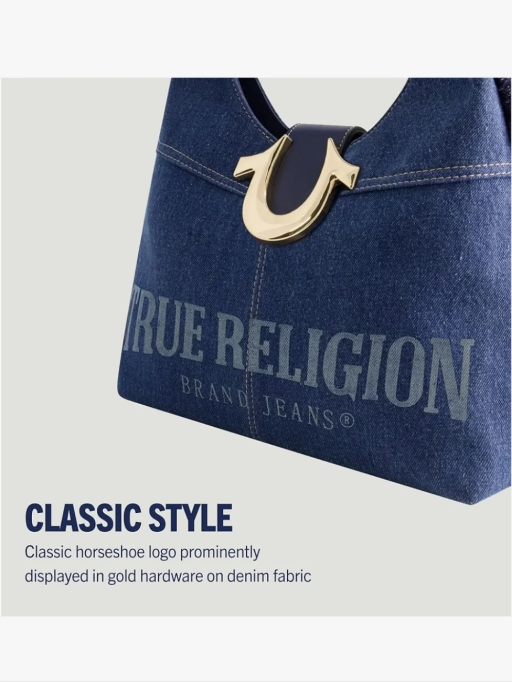 True Religion Dark Denim Hobo Bag – Gold Horseshoe Hardware – NWT